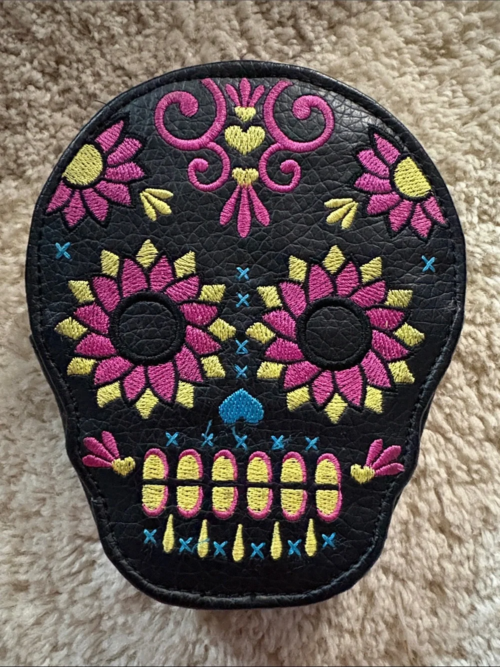 Loungefly Black Sugar Skull Embroidered Coin Purse with Pink & Yellow Accents